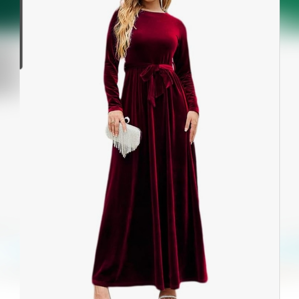 Women's Fall Winter Velvet Dress Long Sleeve Round Neck Maxi Dress